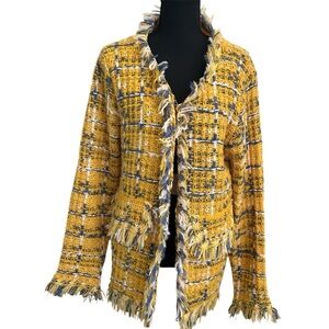 SHEIN Women’s Yellow and Blue Plaid Fringed Blazer. Size M